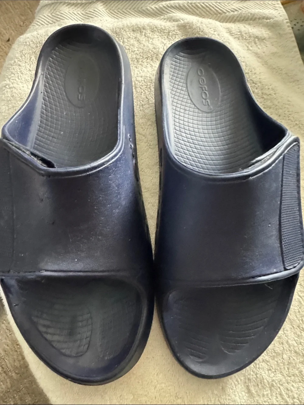 Oofos Men's Adjustable Recovery Slide Sandals -  Size 15 Navy Blue